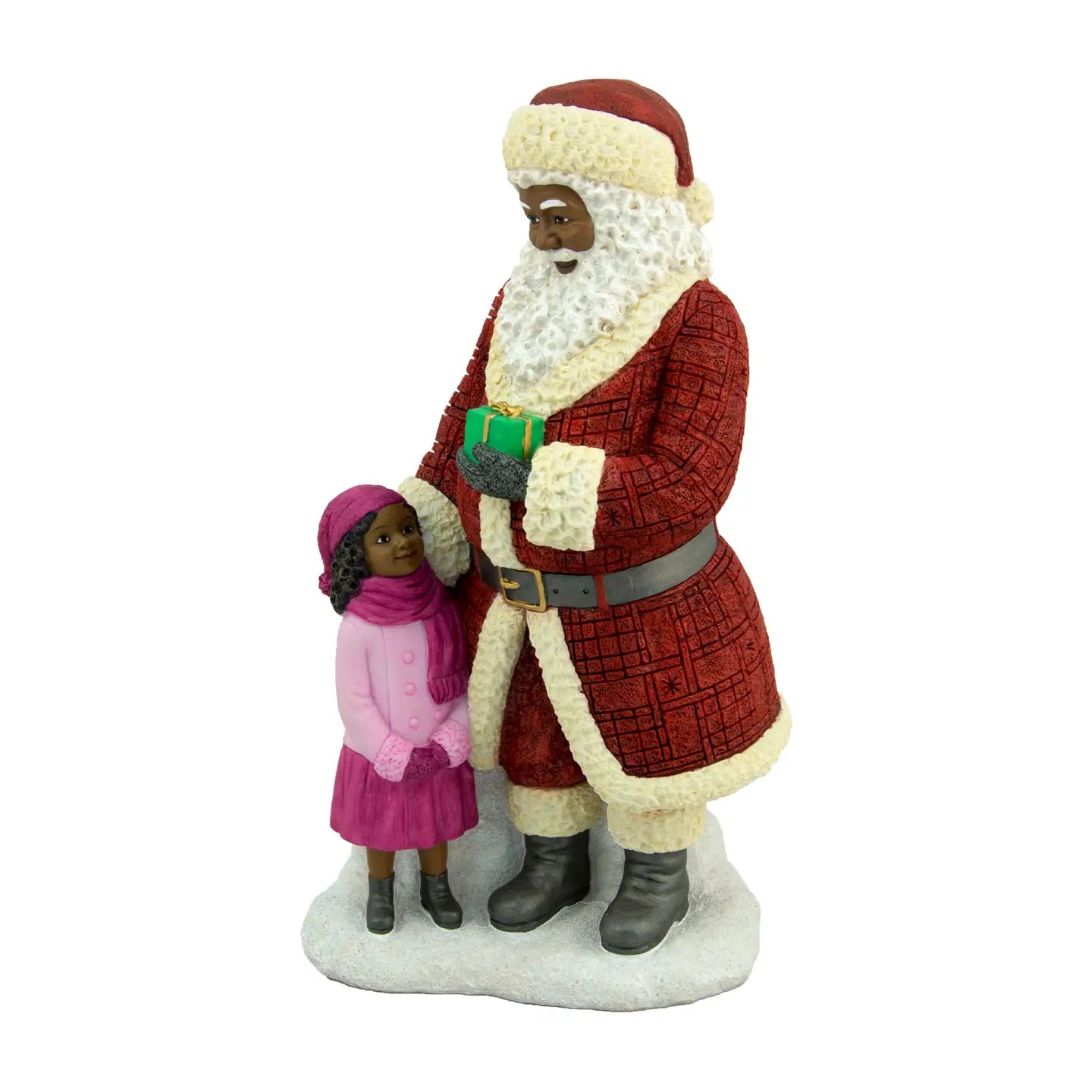 17077: African American Santa in Red Coat with Girl, 10.5" H