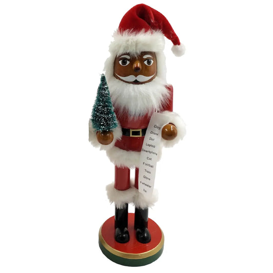 14" Black Santa with Tree & List Nutcracker