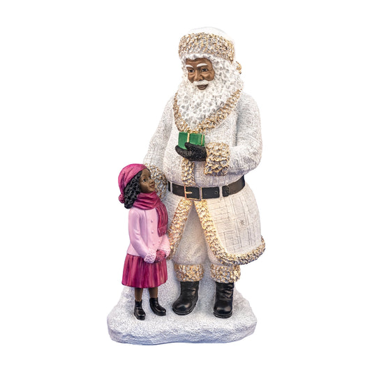 17052: African American Santa in White Coat w/ Girl, 10.5" H