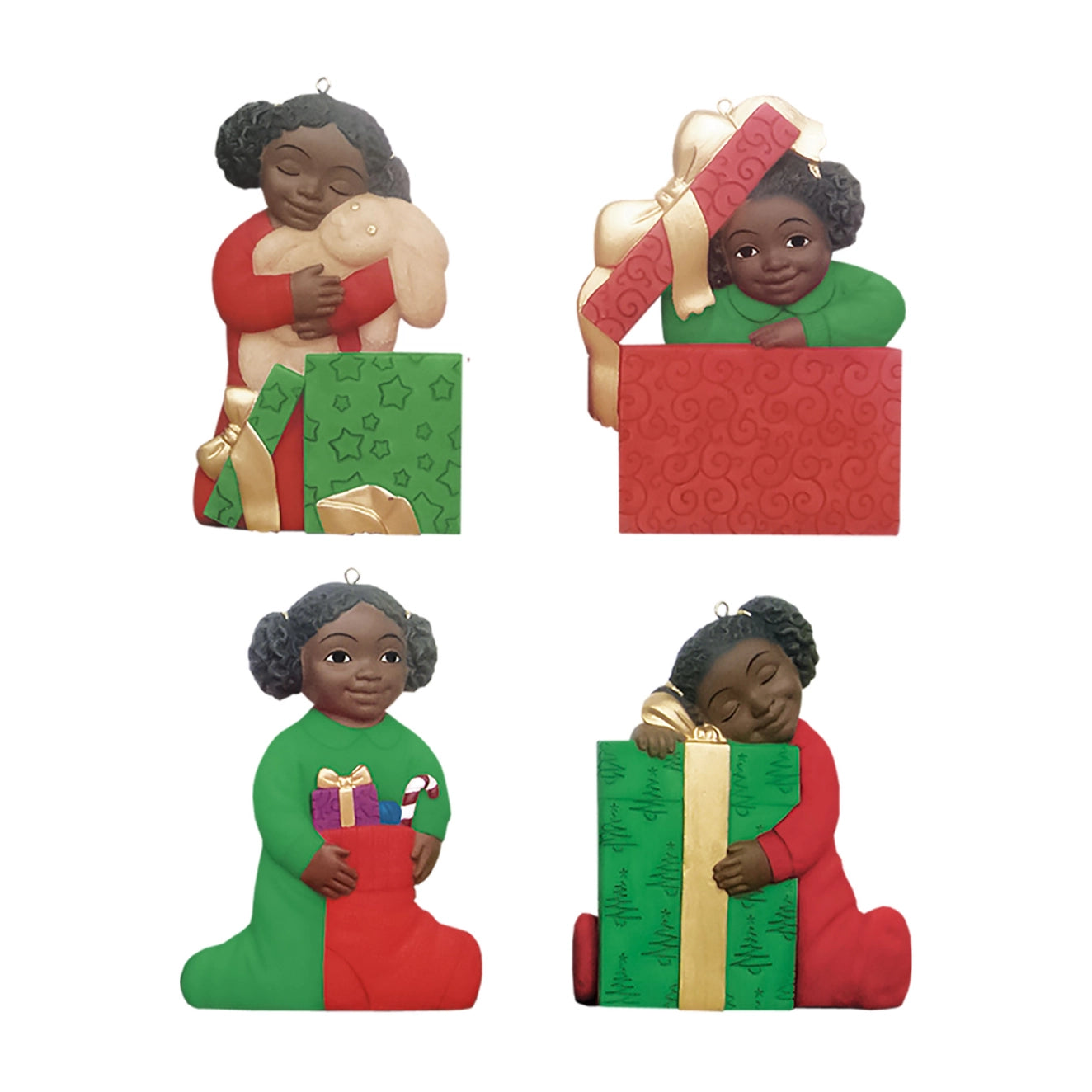 19124: 4 African American Christmas Girl Ornaments 3.5"H