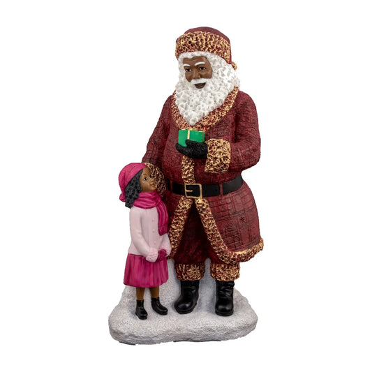 17077: African American Santa in Red Coat with Girl, 10.5" H