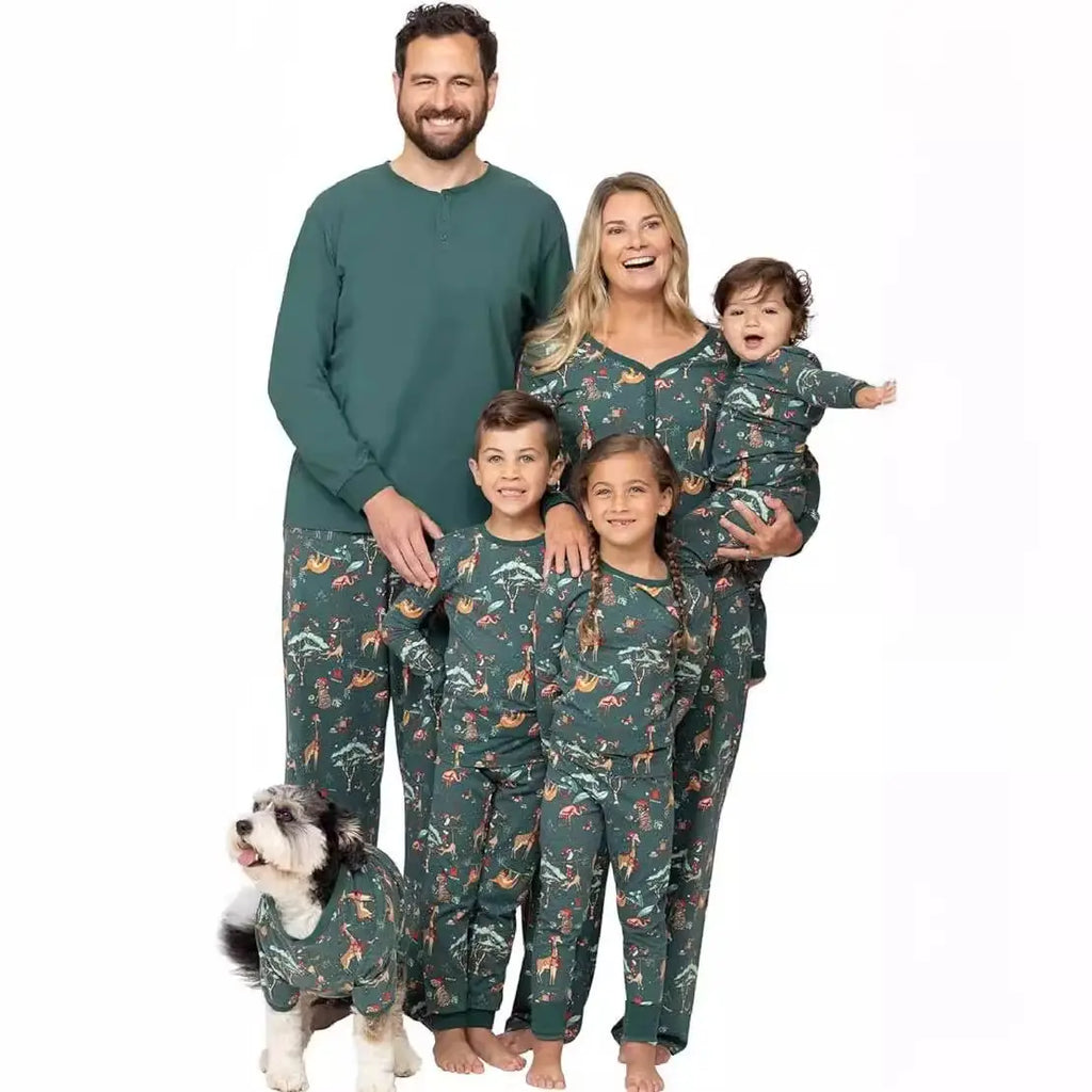 Family Matching Green Christmas Pajamas with Dog Outfit